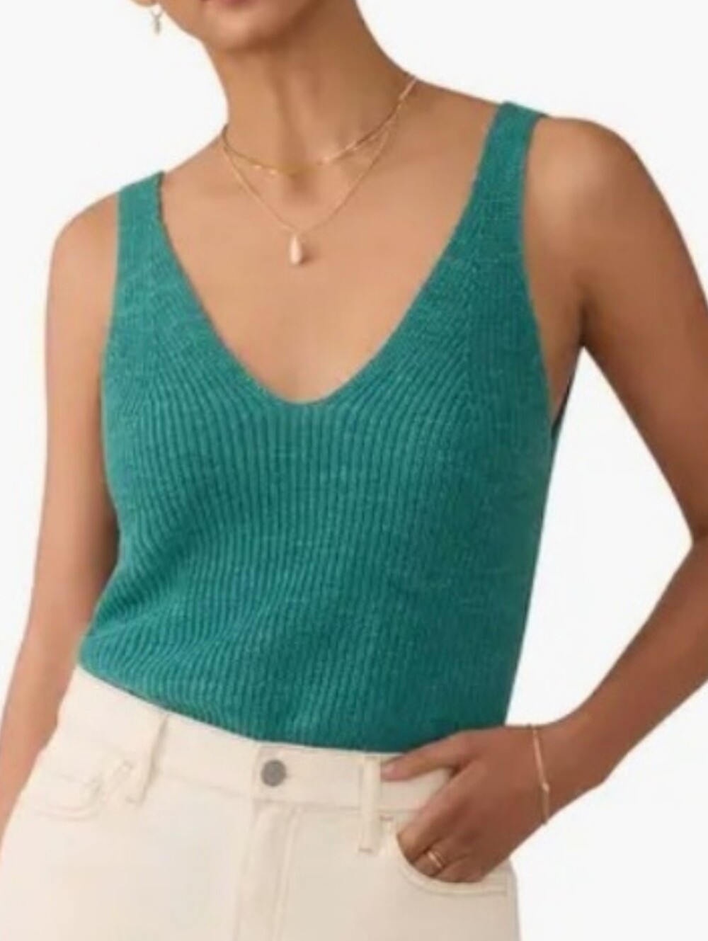 Faherty Miramar Deep Jungle Teal Organic Linen Cotton V-Neck Sweater Tank SZ XS